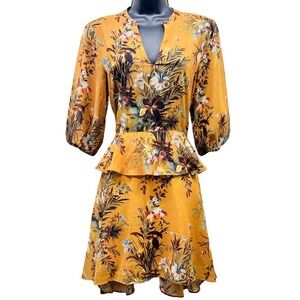 dRA Los Angeles Mustard Yellow Tropical Floral Peplum Mini‎ Dress Small DL0611A